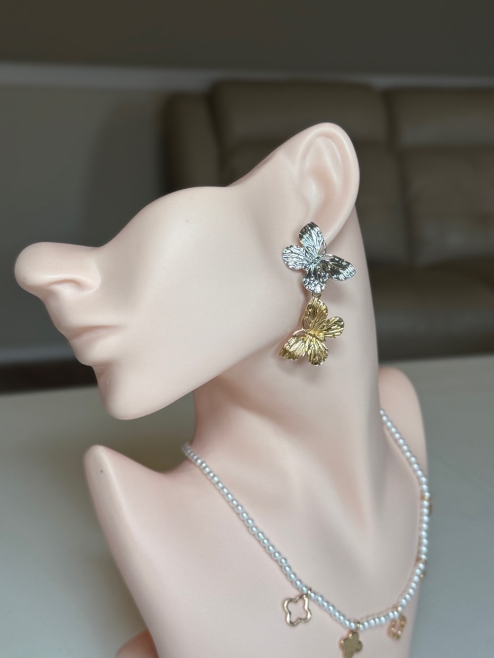 Silver and Gold Butterfly Statement Drop Earrings - Picture 3 of 9